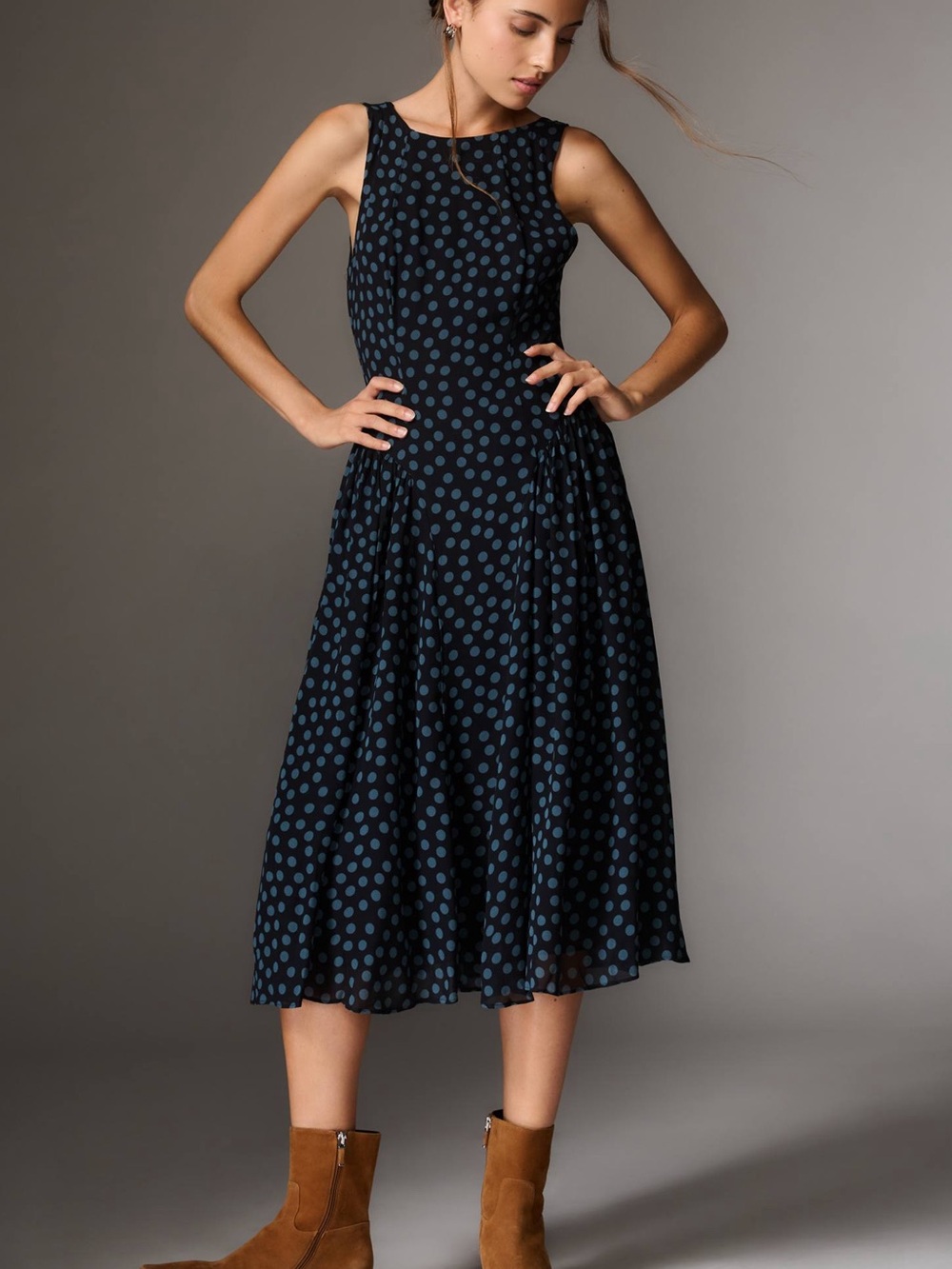 Reformation Black Midi Dress with Blue Polka Dots